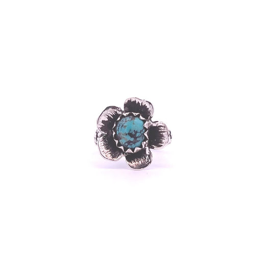 Silver Women's Turquoise Floral Ring w/ Floral Shank