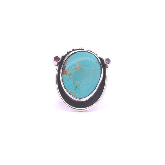 Silver Turquoise Woman's Ring w/ Garnet & Amethyst Eyes, size 8