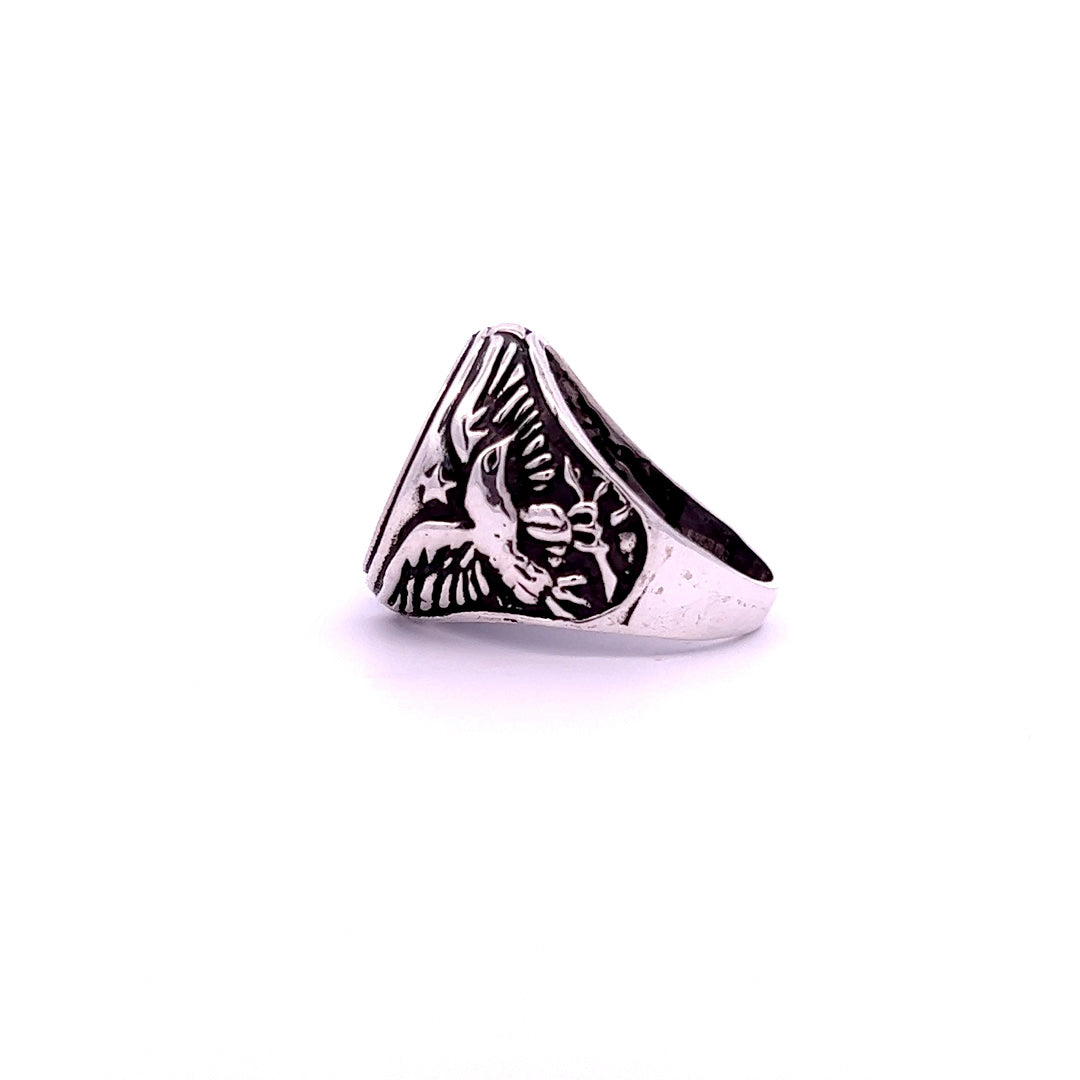 Silver Men's Ring w/ Round Onyx Tab Eagle, Size 9 1/2