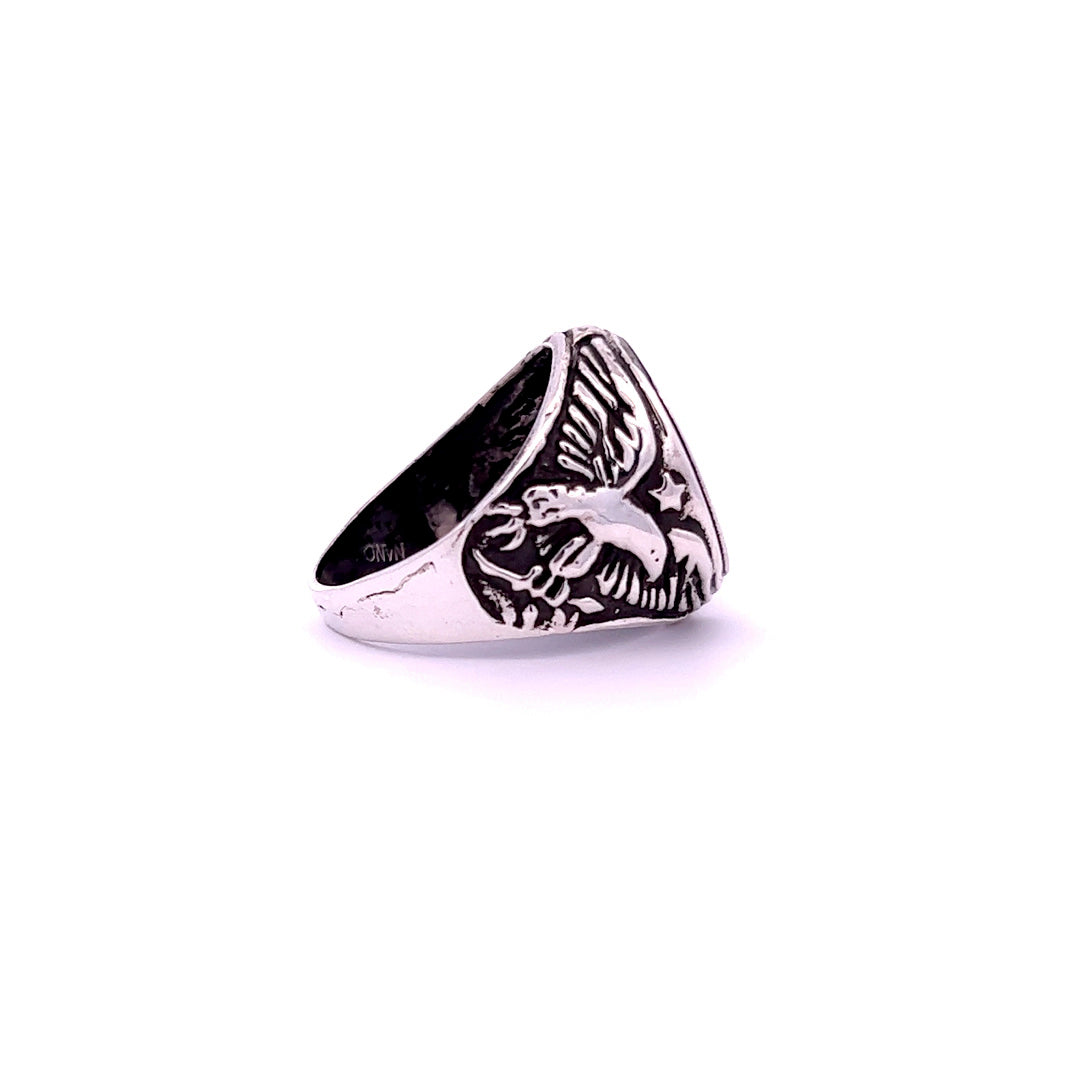 Silver Men's Ring w/ Round Onyx Tab Eagle, Size 9 1/2