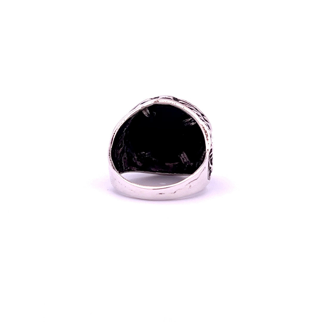 Silver Men's Ring w/ Round Onyx Tab Eagle, Size 9 1/2