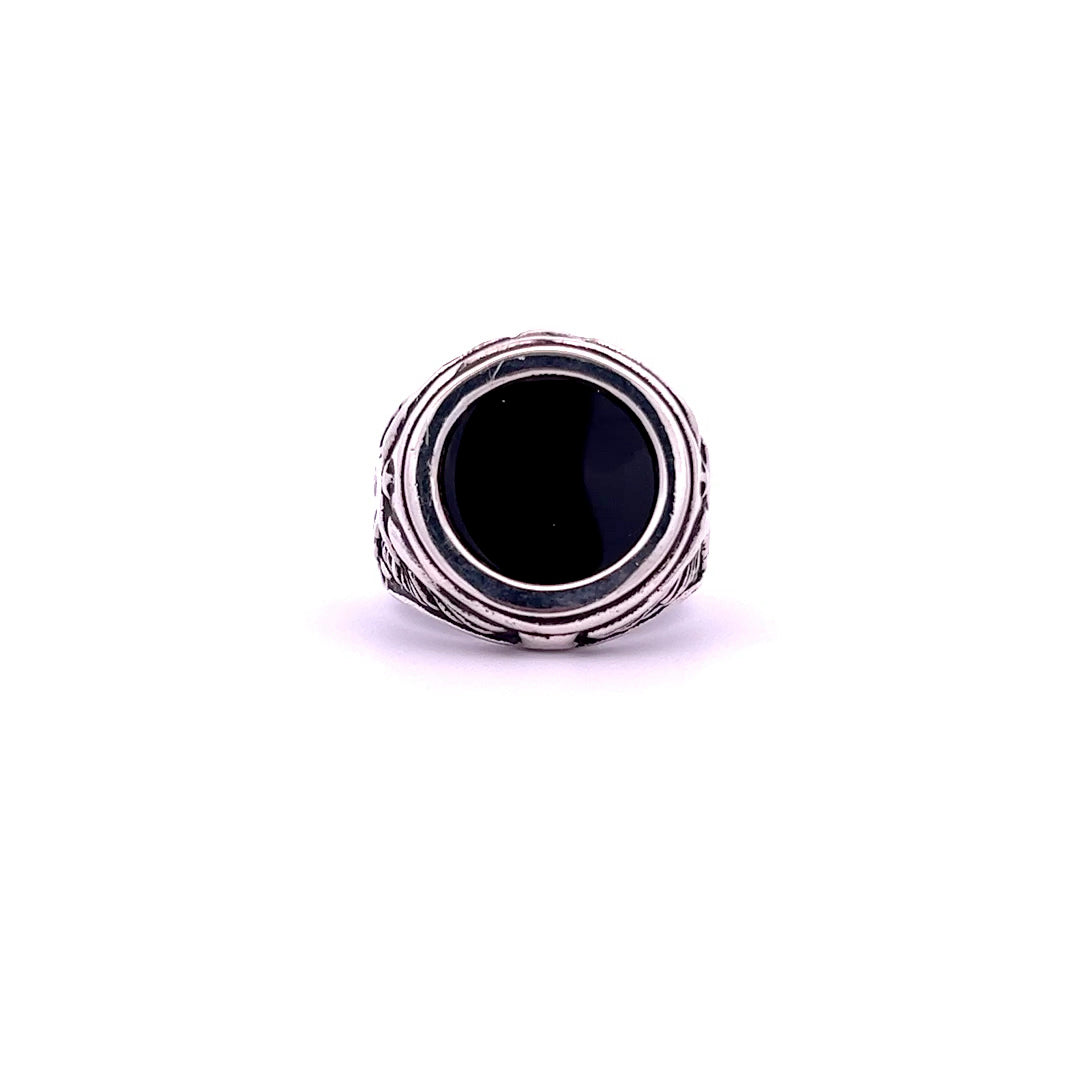 Silver Men's Ring w/ Round Onyx Tab Eagle, Size 9 1/2