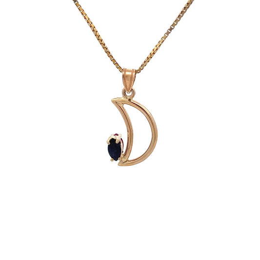 14Kt Y-Gold Crescent Moon Pendant w/ Ruby & Sapphire