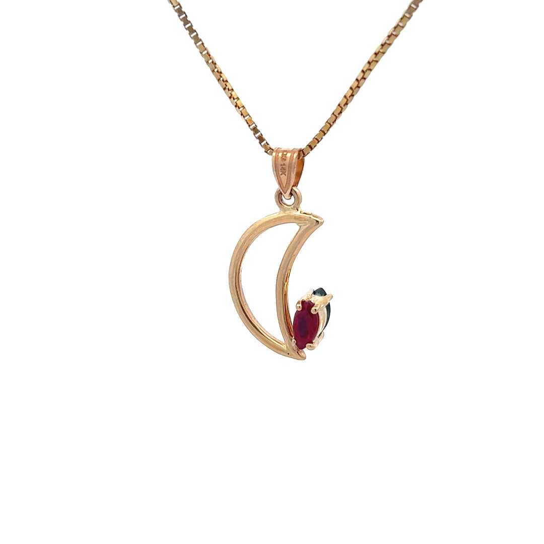 14Kt Y-Gold Crescent Moon Pendant w/ Ruby & Sapphire