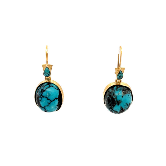 18K Y-Gold Turquoise French-Wire Earrings w/ Mountains & Trees