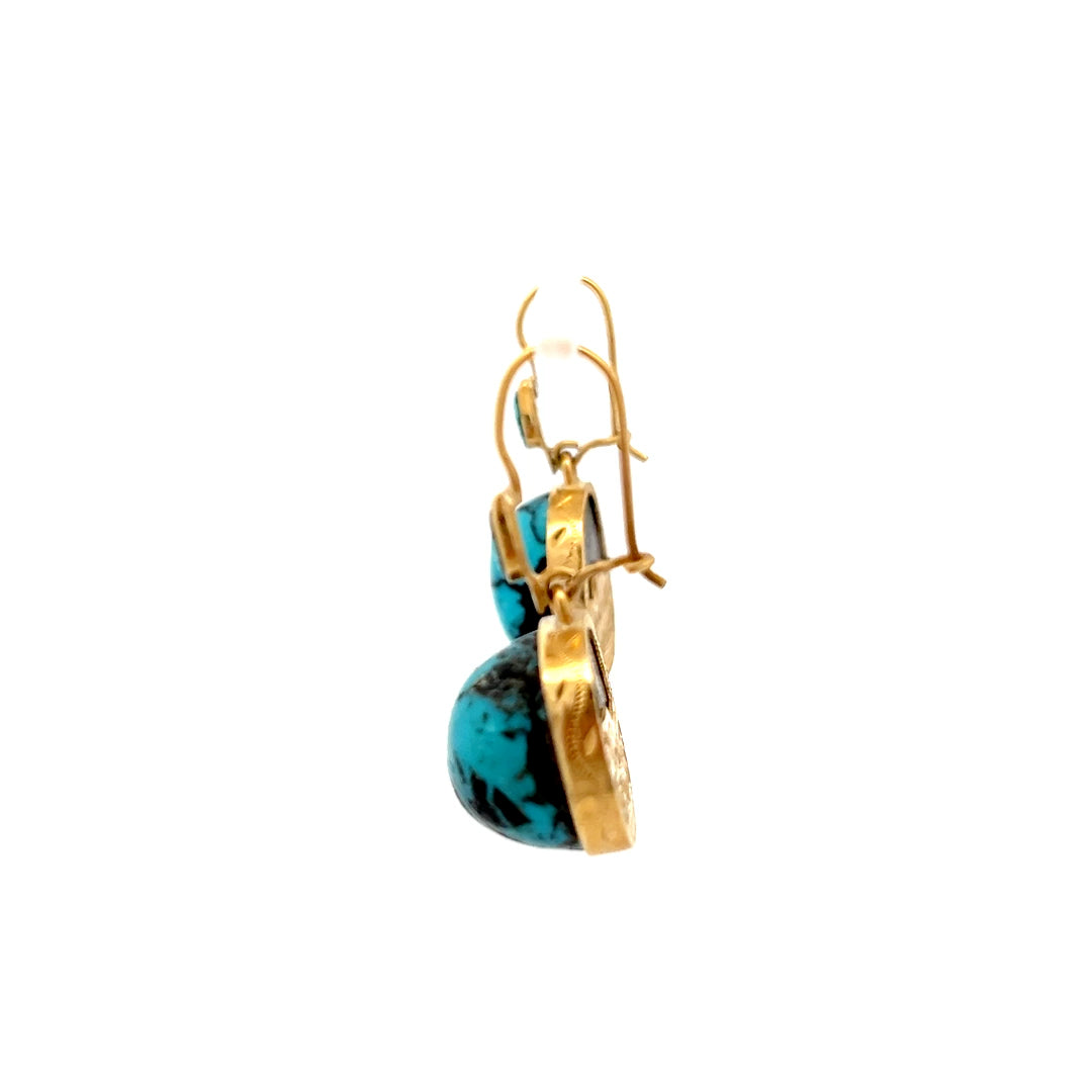 18K Y-Gold Turquoise French-Wire Earrings w/ Mountains & Trees
