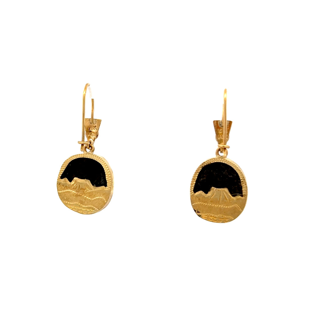 18K Y-Gold Turquoise French-Wire Earrings w/ Mountains & Trees