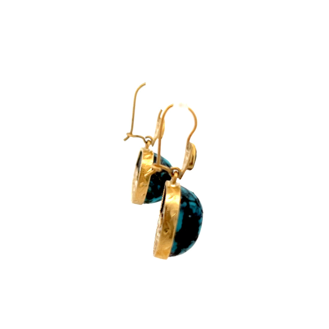 18K Y-Gold Turquoise French-Wire Earrings w/ Mountains & Trees
