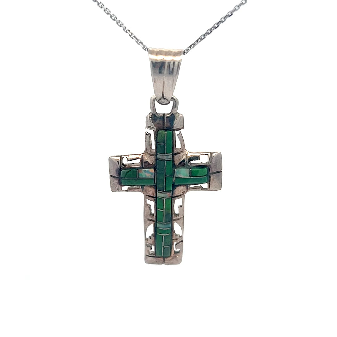 Ss Cross With Nephrite And Opal – Bishop Jewelers